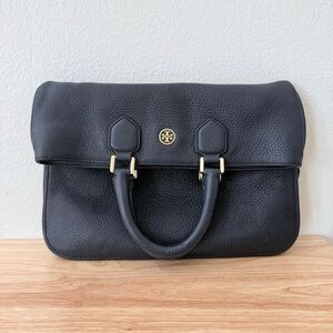 Tory Burch Fleming Two Way Pebbled Black Leather Shoulder Bag Purse Gold Hardwar